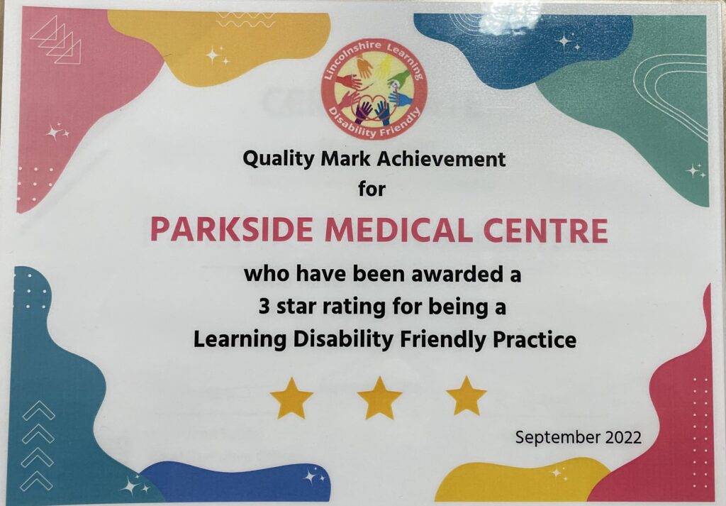 Learning Disability Friendly Practices award certificate - Parkside Medical Centre, Boston