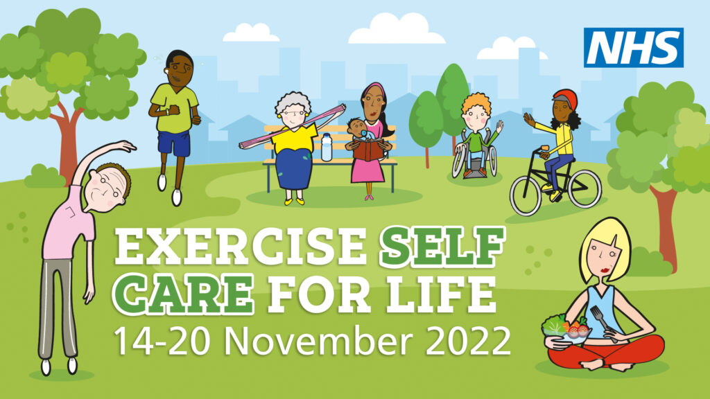 Cartoon images of people exercising and spending time outside "Exercise Self Care For Life 14-20 November 2022"