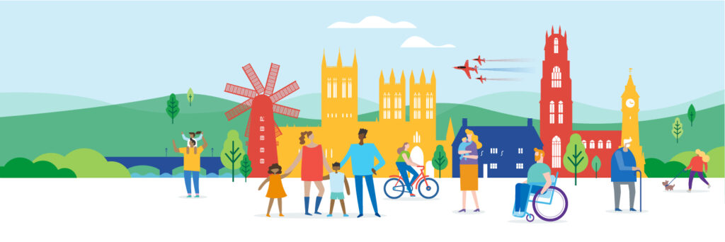 Illustration of Lincolnshire landscape and attractions with characters