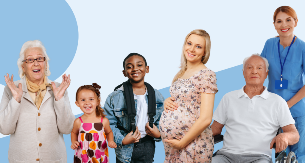 Image of a mixed group of people. An older woman, young child, older child, pregnant woman and an older man in a wheelchair