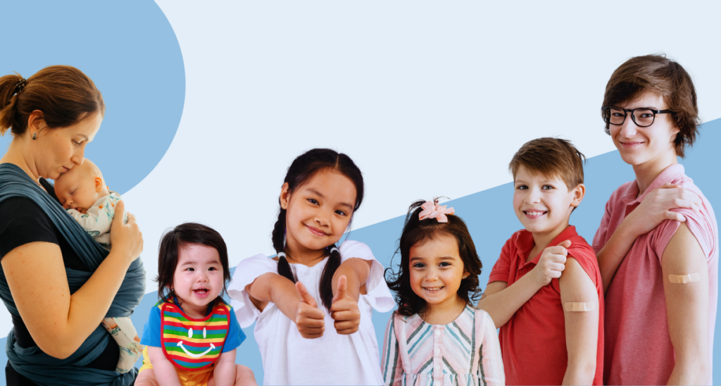 Image of a mother holding a baby and a mix of children aged 1 -14