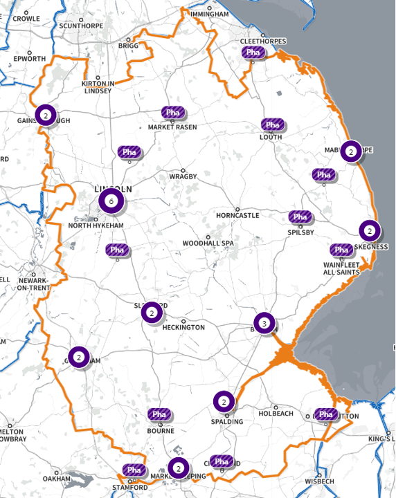 Lincolnshire Map of pharmacies offering COVID vaccinations Oct 2024