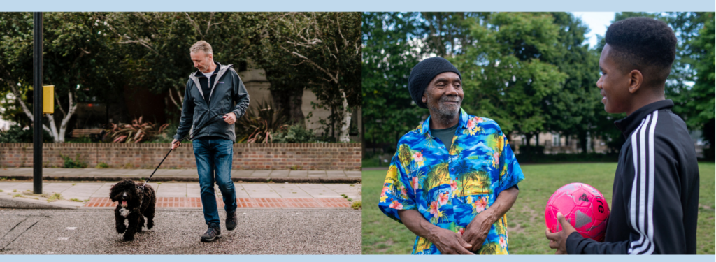 Banner images of men. A man walking a dog and two men talking.