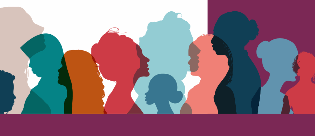Colorful overlapping silhouettes of diverse women in profile against a white and purple background.