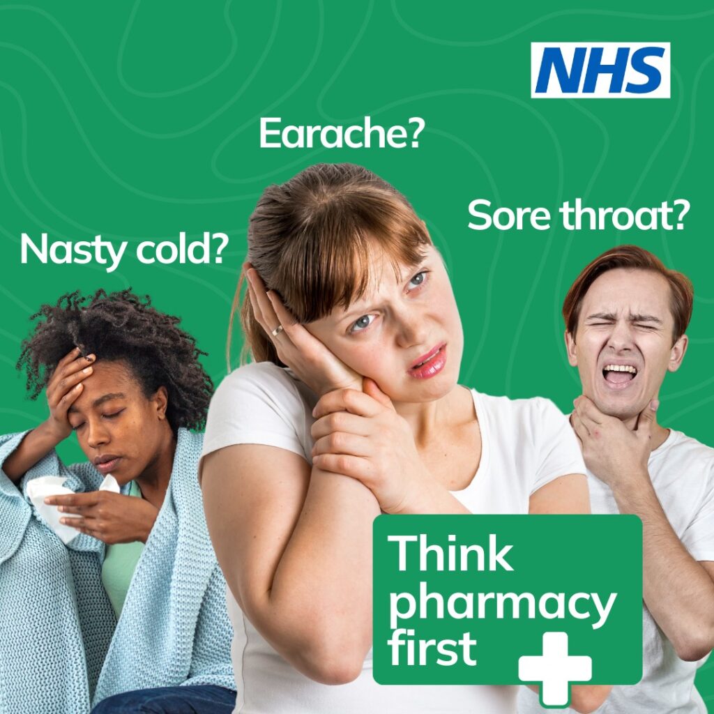 A poster showing people with a sore throat, earache and nasty cold. 