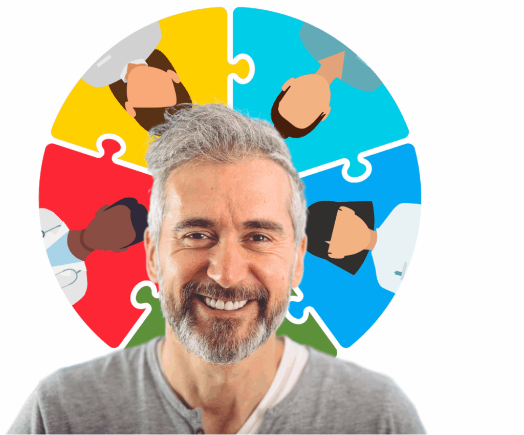 Image of a man with illustrated puzzle pieces with outlines of people forming a circle around him