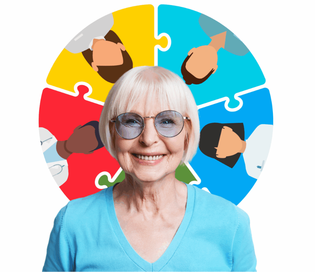Image of an older woman with illustrated puzzle pieces with outlines of people forming a circle around her