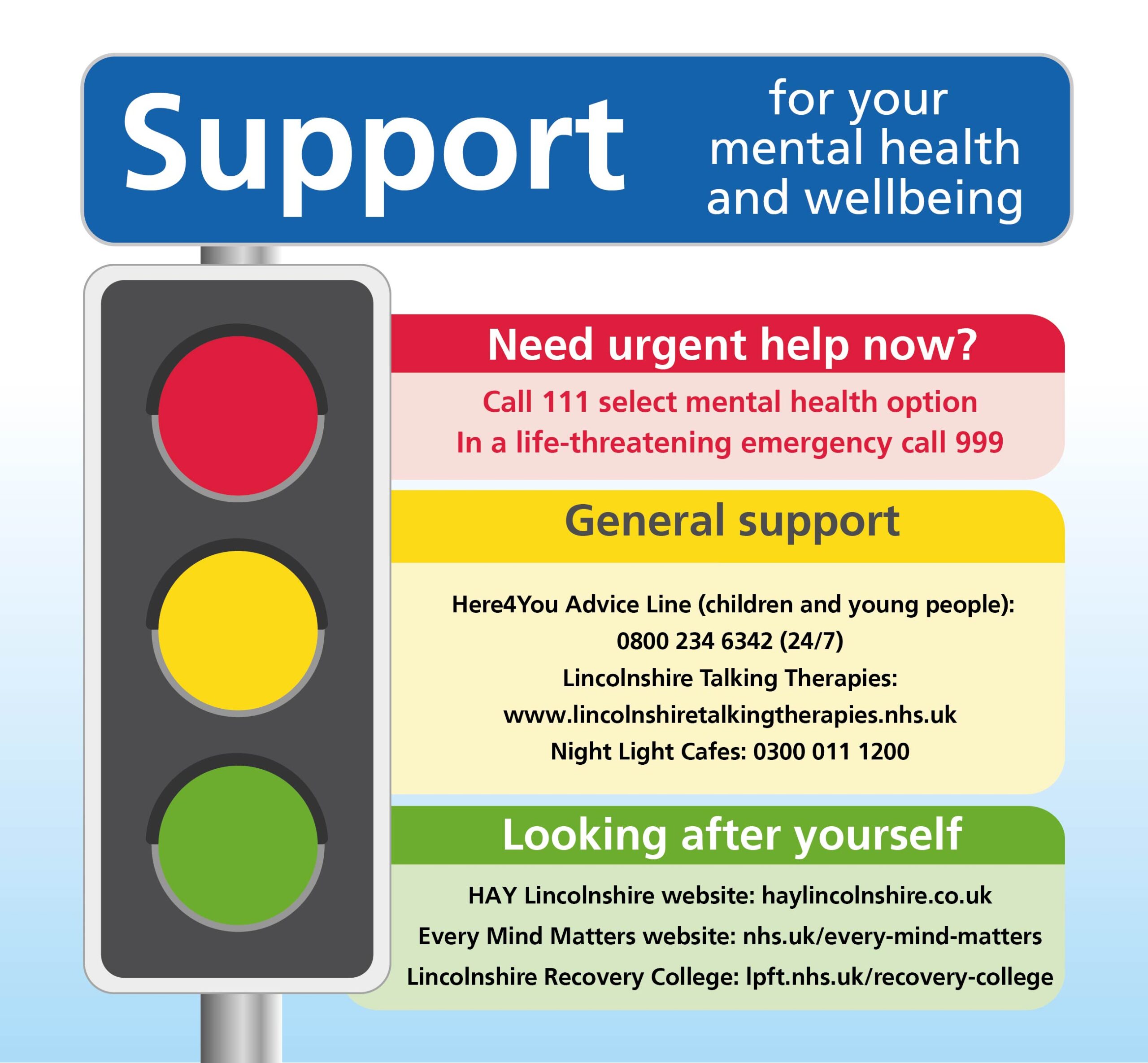 An informational graphic about urgent mental health support services. At the top, a blue sign reads 'Support for your mental health and wellbeing.' Below it, a traffic light with red, yellow, and green lights is shown. Next to the red light is a red box labelled 'Need urgent help now?' with instructions to call 111 for mental health options or 999 in emergencies. Next to the yellow light is a yellow box labelled 'General support' with contact information for Here4You Advice Line (0800 234 6342), Lincolnshire Talking Therapies (www.lincolnshiretalkingtherapies.nhs.uk), and Night Light Cafes (0300 011 1200). Next to the green light is a green box labelled 'Looking after yourself' with links to HAY Lincolnshire website (haylincolnshire.co.uk), Every Mind Matters website (nhs.uk/every-mind-matters), and Lincolnshire Recovery College (lpft.nhs.uk/recovery-college).