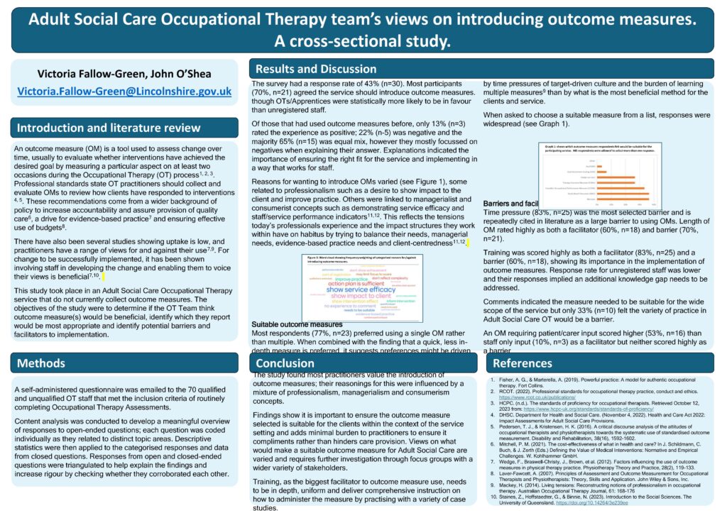 Image of a one page summary of a study about Adult Social Care Occupational Therapy team’s views on introducing outcome measures