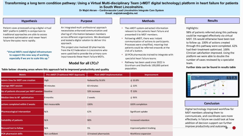 Image of a one page summary of Transforming a long term condition pathway: Using a Virtual Multi-disciplinary Team (vMDT digital technology) platform in heart failure for patients in South West Lincolnshire.