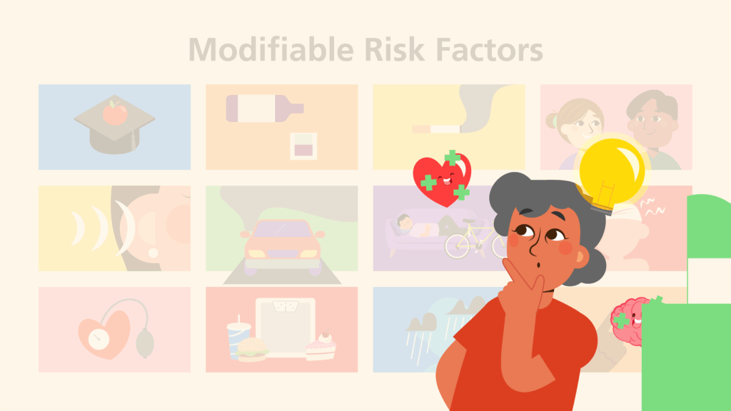Image of cartoon female looking unsure with images of modifiable risk factors behind her