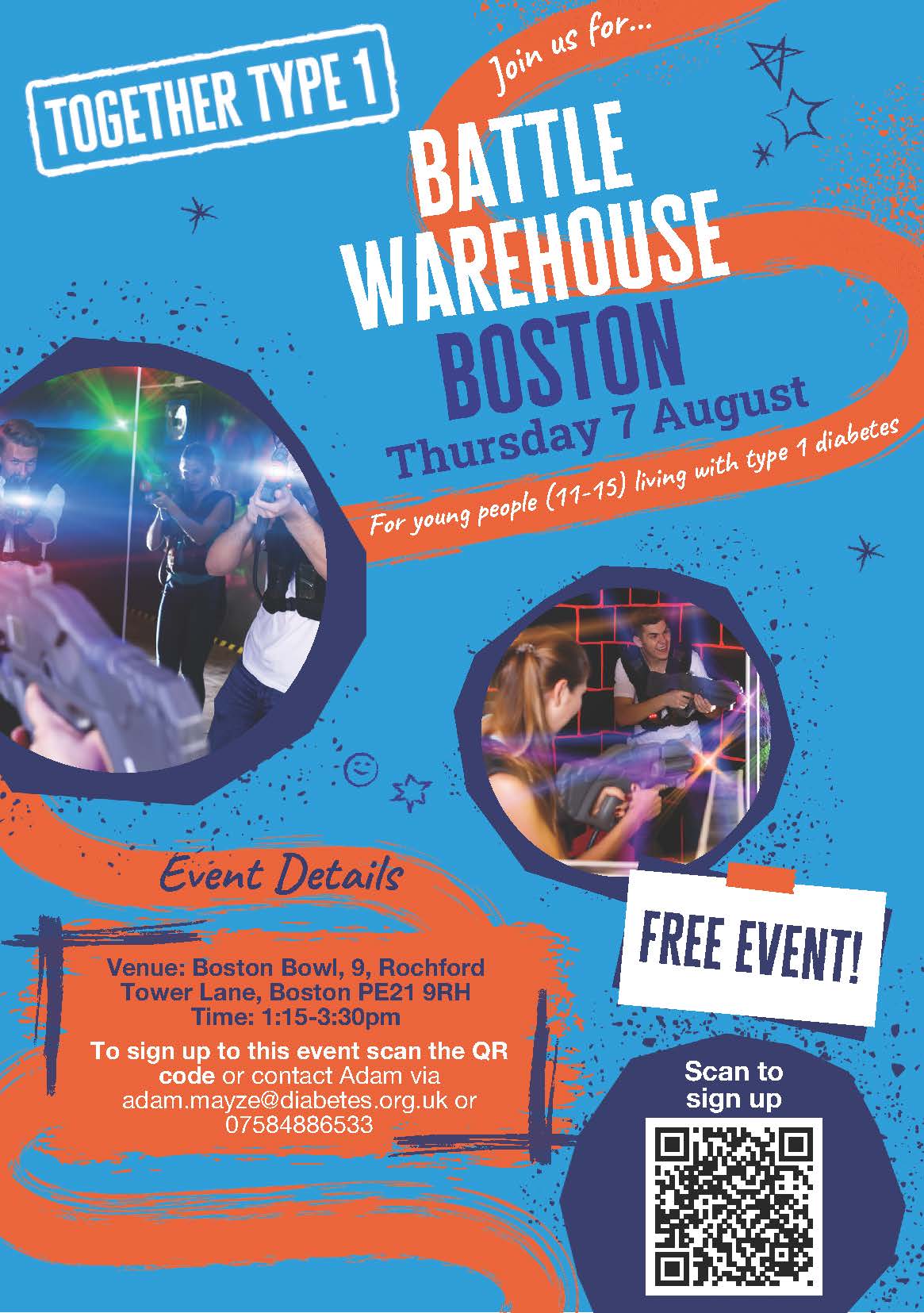 A poster of Boston Battle Warehouse advertising type 1 diabetes event in August.