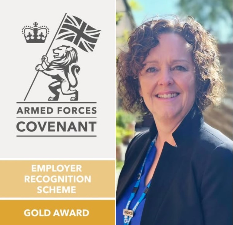 Split image of Stylized lion holding a Union Jack flag with a crown above, representing the Armed Forces Covenant Employer Recognition Scheme Gold Award. Other image is a photo of Claire Raybould, , Chief Executive, NHS Lincolnshire ICB.