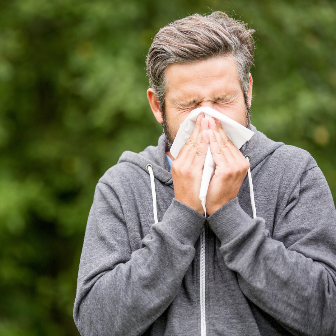a photo of a man blowing his nose due to hay fever