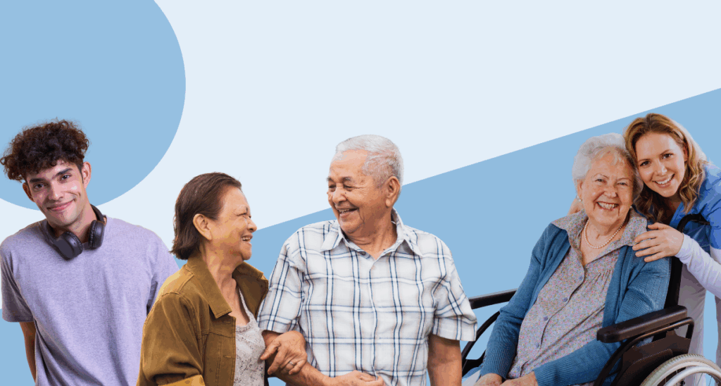 Group of diverse people including elderly individuals and a caregiver in a wheelchair setting with a modern blue background.