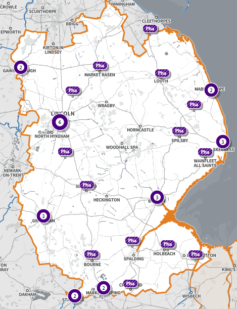 Lincolnshire Map of pharmacies offering COVID vaccinations autumn/winter 2025