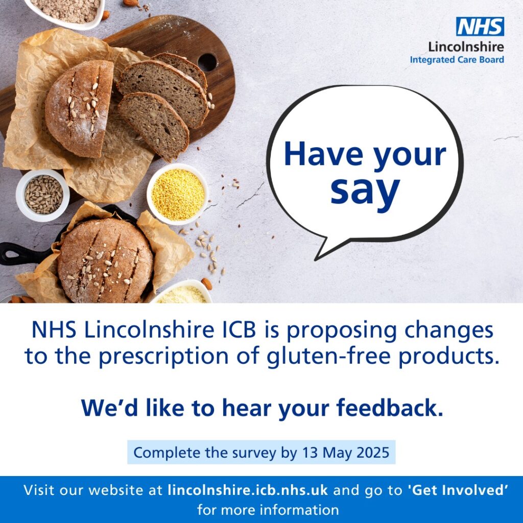 Two loaves of seeded gluten-free bread, one sliced on a wooden board, surrounded by bowls of seeds and grains, with NHS Lincolnshire ICB inviting feedback on prescription changes.