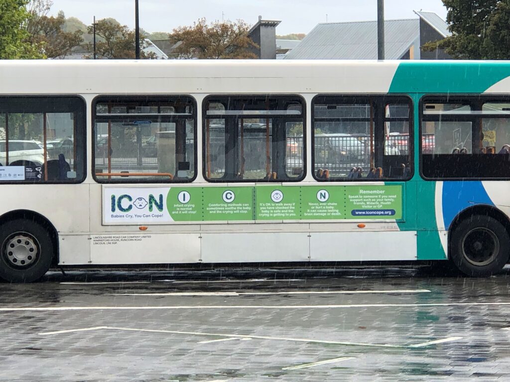 Photograph of a bus in Lincolnshire displaying an advert for ICON week