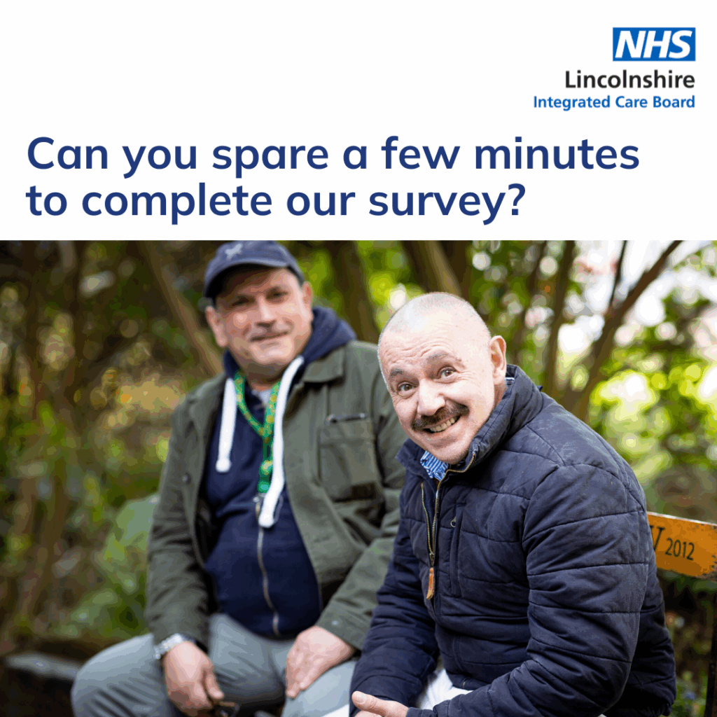 Two men sitting on a bench outdoors surrounded by green foliage: "Can you spare a few minutes to complete our survey?