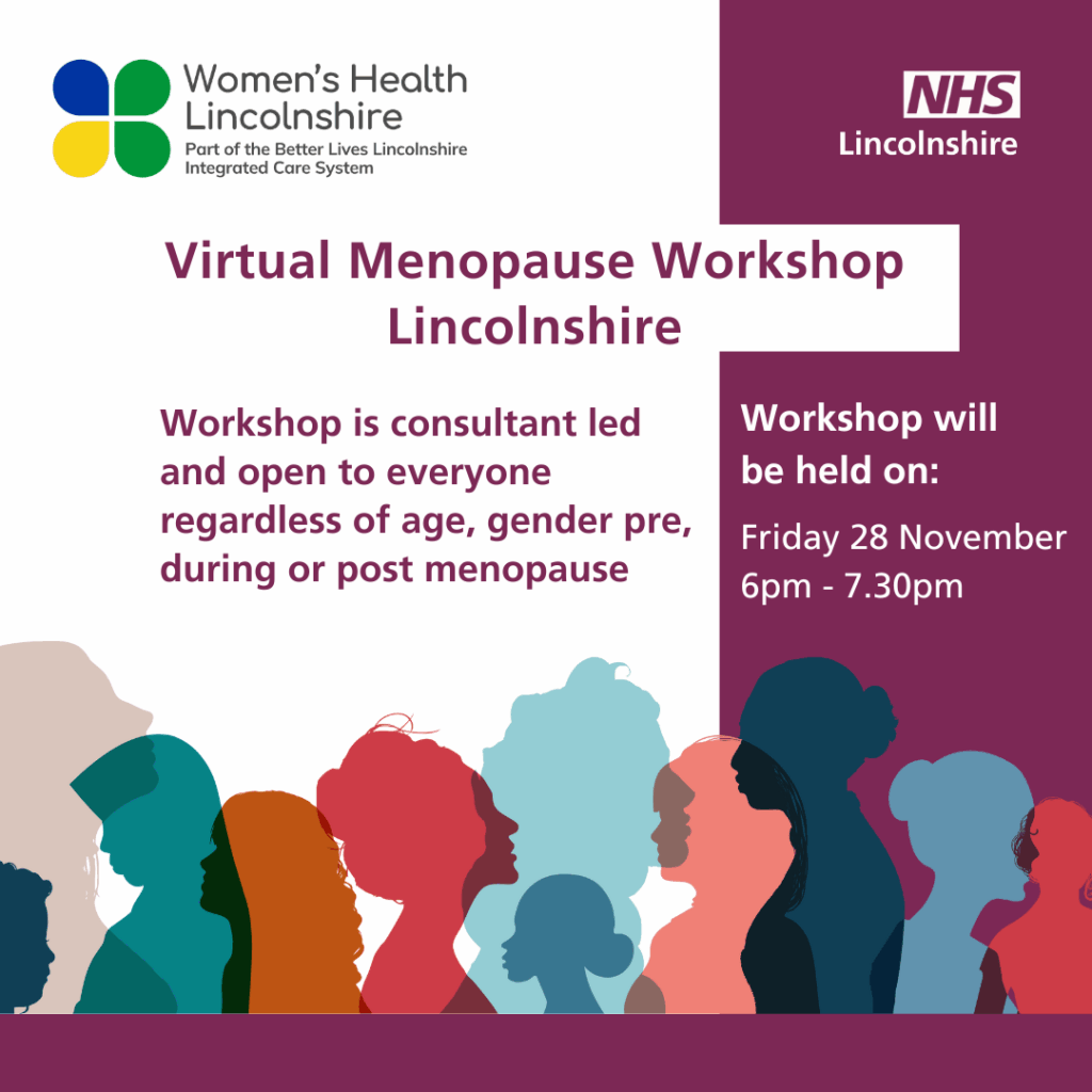 Promotional flyer for a free virtual menopause workshop in Lincolnshire, hosted by NHS Lincolnshire and Women's Health Lincolnshire. The workshop is consultant-led and open to all, regardless of age, gender, or menopause stage. Scheduled for Friday, 28 November from 6pm to 7:30pm. The flyer includes colourful silhouettes of people along the bottom.