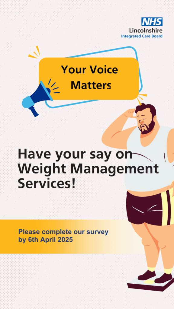 Illustration of a man on a scale with text encouraging participation in a weight management survey by Lincolnshire Integrated Care Board.