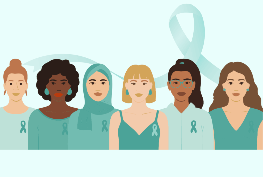 Illustration of six diverse women standing side by side against a teal background, each wearing teal clothing and awareness ribbons to represent ovarian cancer awareness.