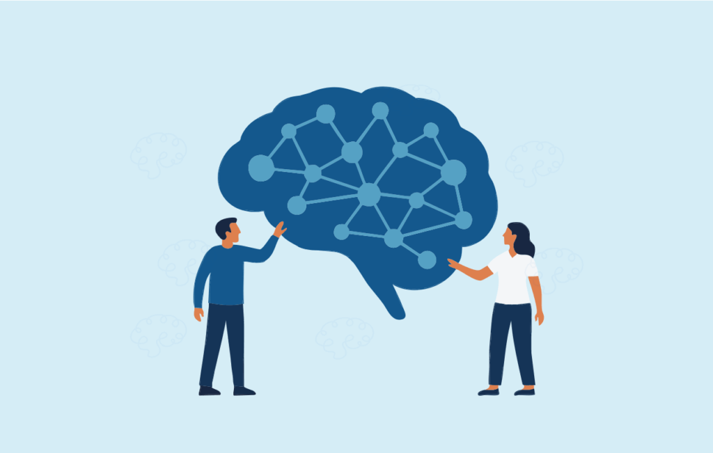 A graphic of two people standing next to an image of a brain
