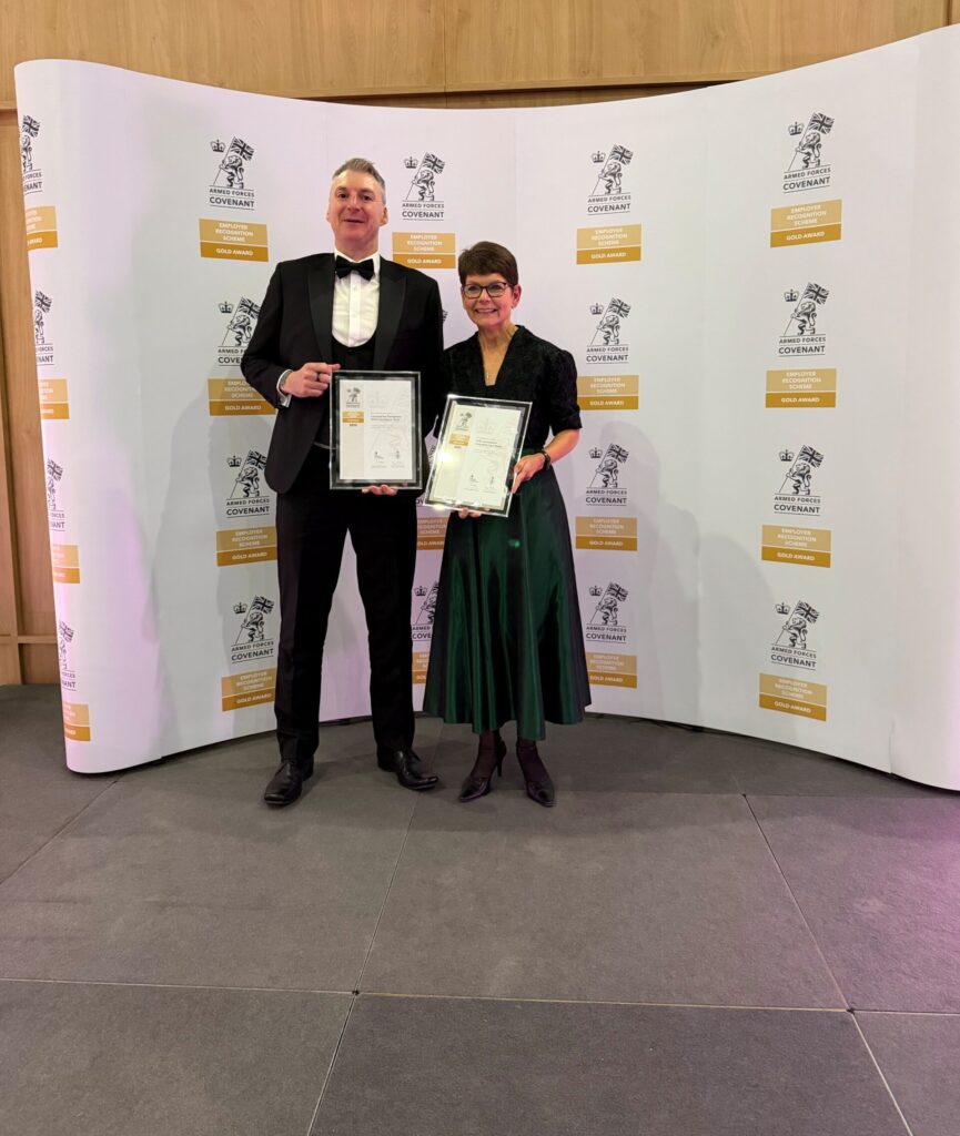Caption: L-R Doug Wing (RNMH), Midlands Op COURAGE operational lead at LPFT, and Jacqui Bunce, Programme Director and Armed Forces Lead, NHS Lincolnshire ICB, with their respective organisations' Gold Awards.