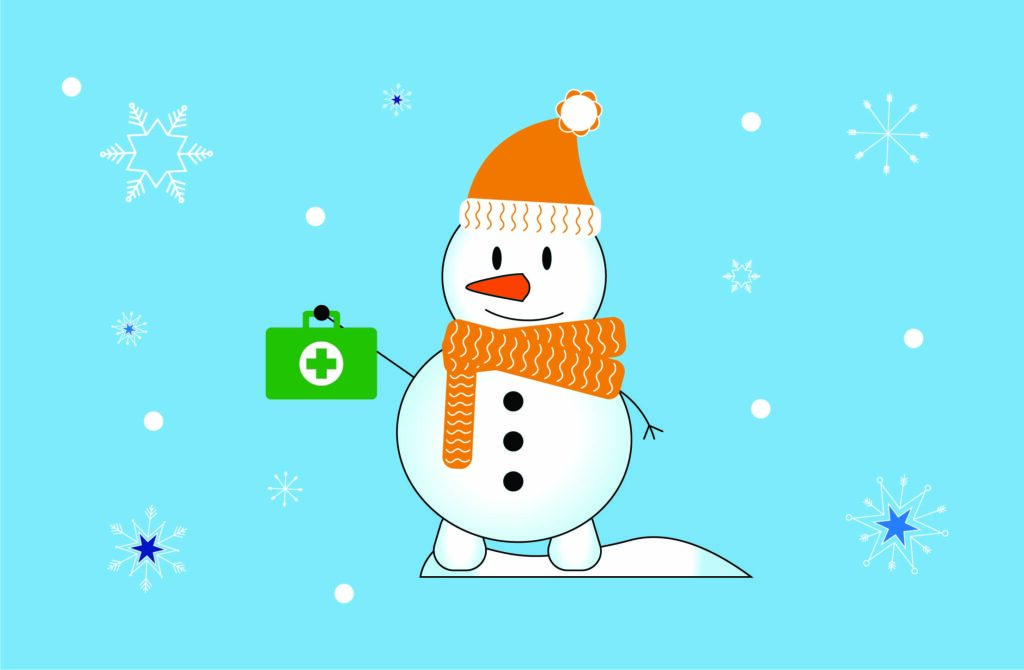Illustration of a snowman wearing an orange hat with a pom-pom and an orange scarf, standing on snow against a blue background with white and blue snowflakes. The snowman is holding a green first aid kit with a white cross symbol.