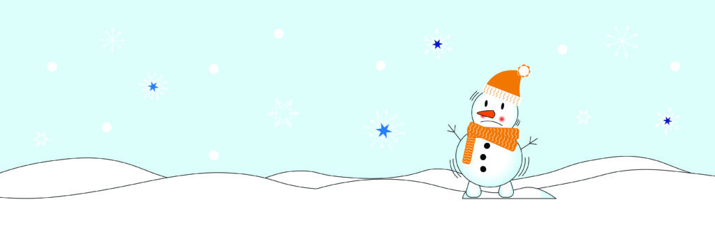 A cheerful snowman wearing an orange hat and scarf stands on snowy hills under a light blue sky with scattered snowflakes.