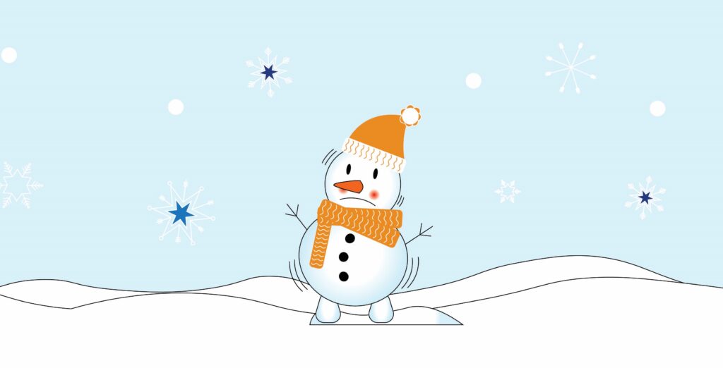 A cheerful snowman wearing an orange hat and scarf stands on snowy hills under a light blue sky with scattered snowflakes.
