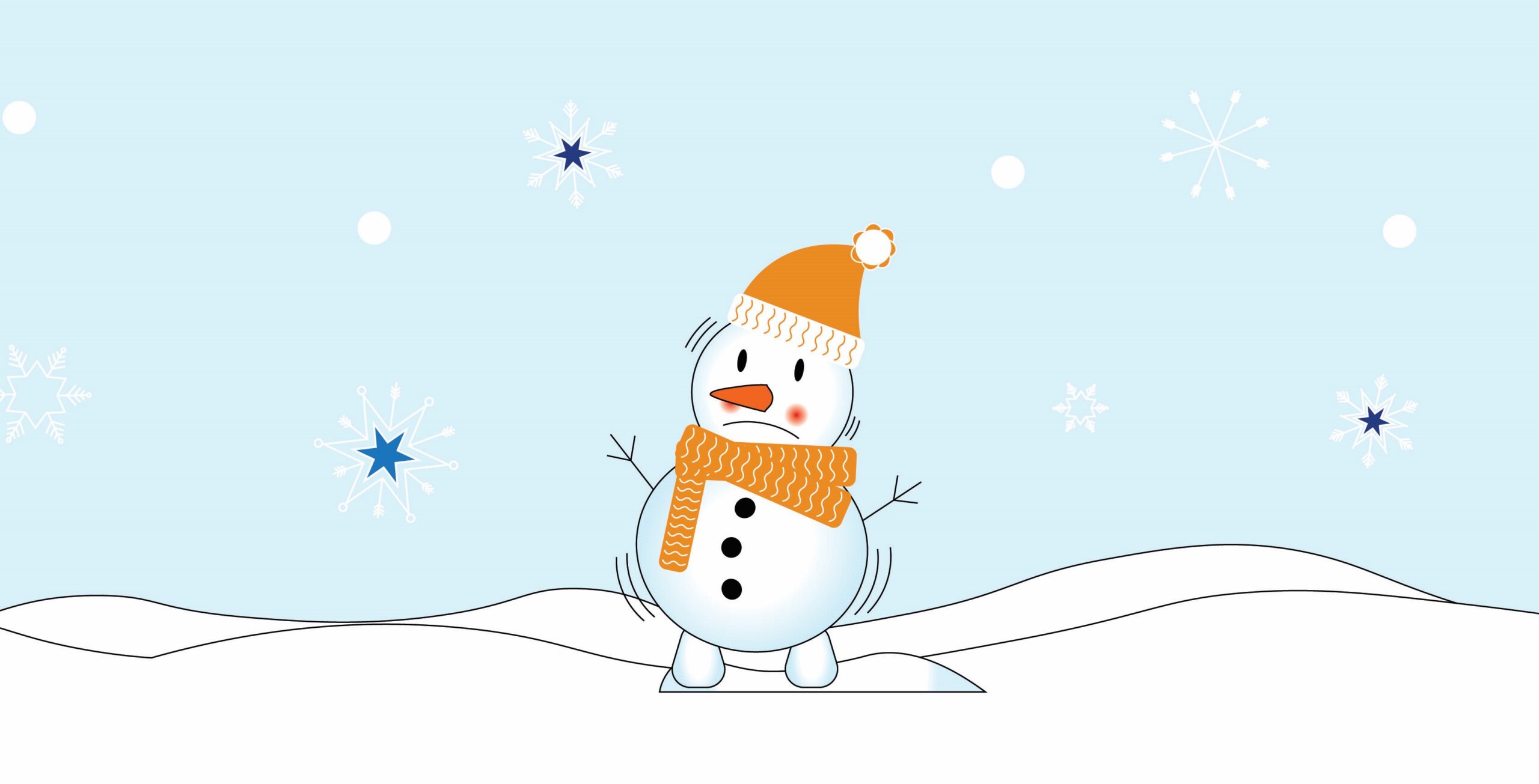 A cheerful snowman wearing an orange hat and scarf stands on snowy hills under a light blue sky with scattered snowflakes.