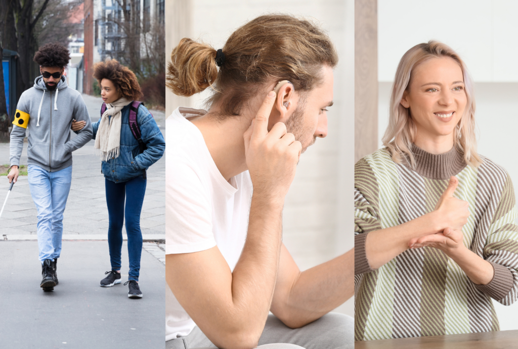 a photo illustrating three people with sensory impairments - A male with a walking stick, a male pointing at his ear aid and a female using sign language 