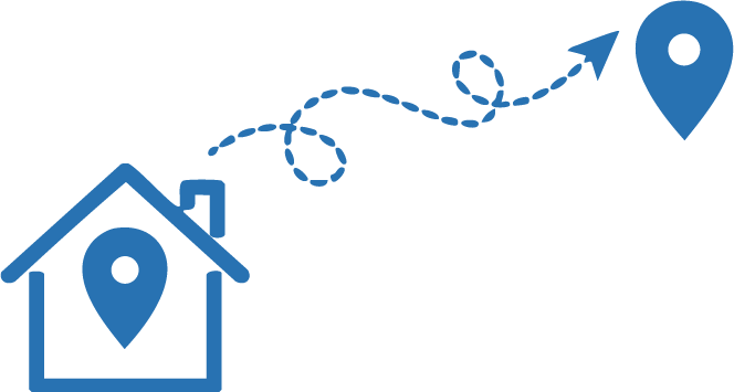 Blue outline of a house with a location tag in, a dotted blue line with an arrow goes from the house to another location tag