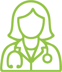 Light green outline of a female general practitioner wearing a white coat and with a stethoscope round her neck