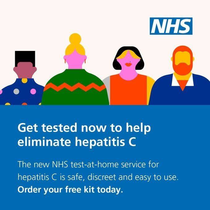Illustration of diverse people above NHS message promoting free, safe, and discreet hepatitis C test-at-home kits.