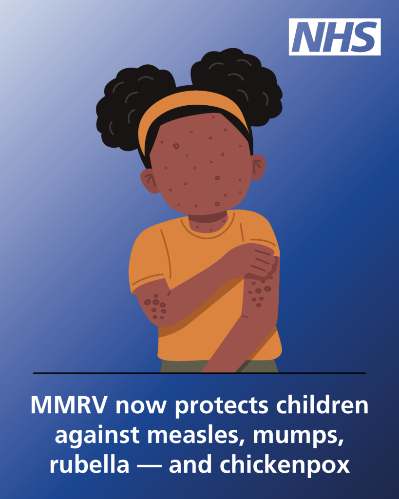 Illustration of a child with spots on their face and arms, suggesting symptoms of an infectious illness. The child is wearing an orange shirt and touching their arm. An NHS logo appears in the top right corner. Text at the bottom reads: “MMRV now protects children against measles, mumps, rubella — and chickenpox