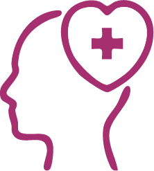 Pink outline of a head with a heart and cross inside