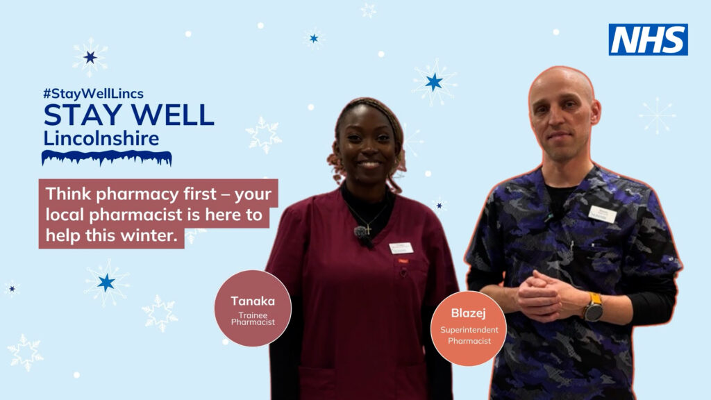 Still of pharmacists Tanaka and Blazej on a light blue background with snowflakes