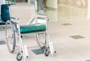 a photo of a wheelchair in a hospital