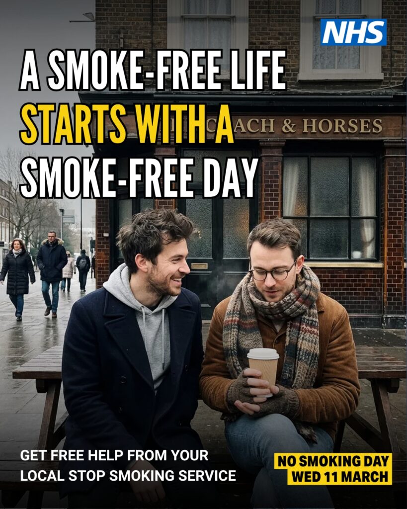 A promotional NHS graphic shows two people sitting at an outdoor wooden bench on a city street, with one person holding a takeaway coffee cup. Behind them is a brick building with signage reading “Coach & Horses.” Large text on the image states, “A smoke‑free life starts with a smoke‑free day.” The NHS logo appears in the top right corner. Additional text at the bottom reads, “Get free help from your local stop smoking service,” and a yellow box highlights “No Smoking Day Wed 11 March