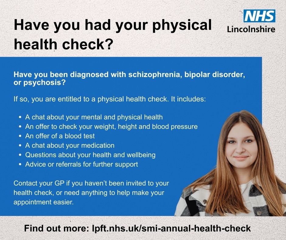 NHS Lincolnshire poster inviting people with schizophrenia, bipolar disorder, or psychosis to get a physical health check including tests and support.