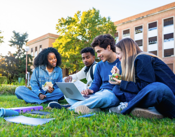 a group of students sitting on the grass during their lunch break