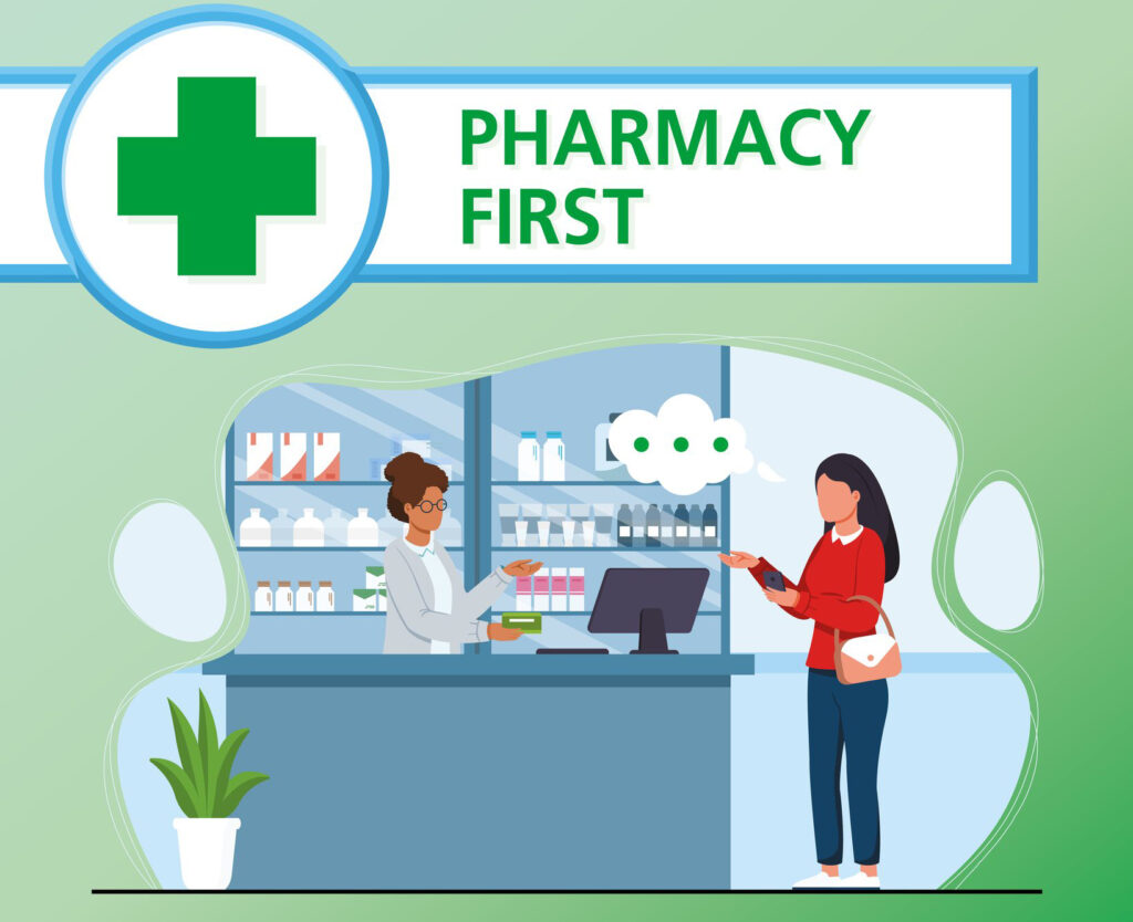Illustration of a pharmacy counter where a staff member assists a customer, with shelves of medicines behind them and a ‘Pharmacy First’ sign displayed above.