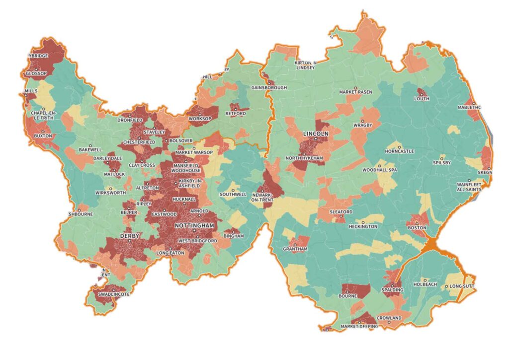Color-coded map highlighting various towns and cities across Derbyshire, Nottinghamshire and Lincolnshire in England with distinct regions marked in green, red, and orange shades.