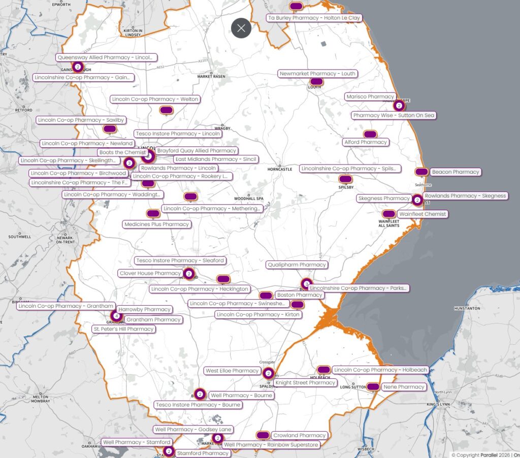 Map of community pharmacies offering COVID-19 vaccinations in Lincolnshire