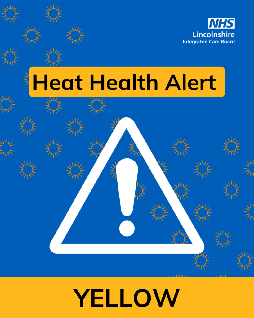 Graphic with a blue background and a sun pattern. A white exclamation mark in a triangle is in the middle, text on an orange background above reads 'Heat Health Alert', text below on the same colour back ground reads 'YELLOW'. The NHS Lincolnshire Integrated Care Board logo is in the top right hand corner.