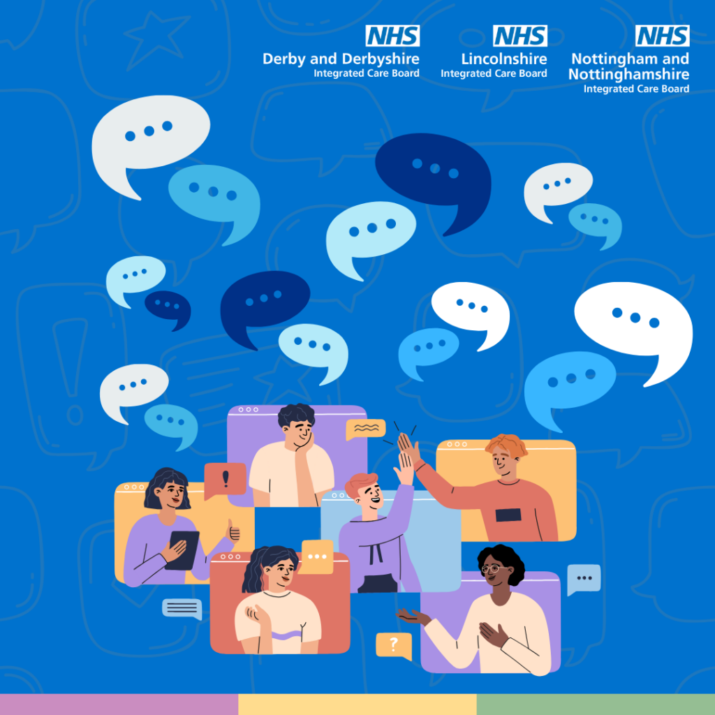 Illustrated graphic on a blue background featuring multiple speech bubbles in shades of white, light blue and dark blue. At the bottom, six people appear in overlapping video call windows, using devices, chatting and interacting online for a virtual annual public meeting.