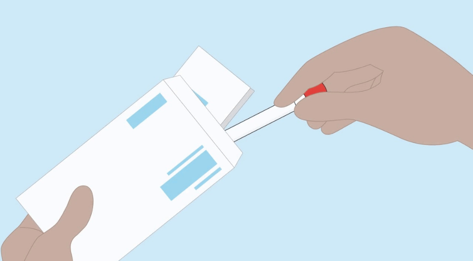 Illustration of hands removing a home hpv testing kit
