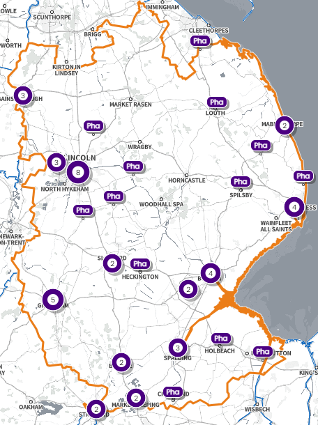 Map of Lincolnshire showing Covid19 vaccination sites